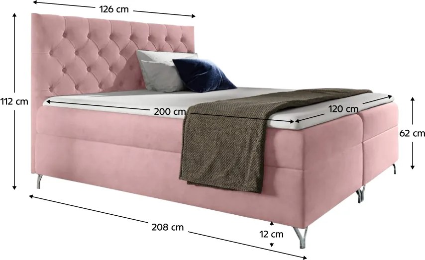Pat cu boxspring, 120x200, ţesătură roz Velvet, GULIETTE + cadou