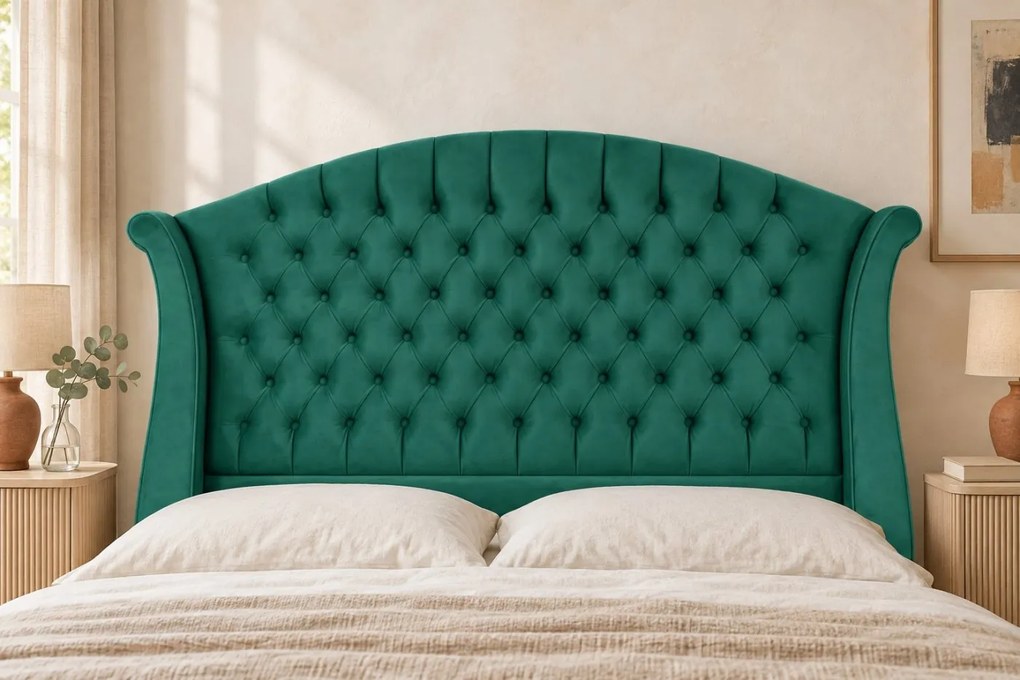 Pat tapițat Chesterfield din catifea Sorella Simple 160×200 cm, verde, cu ladă de depozitare