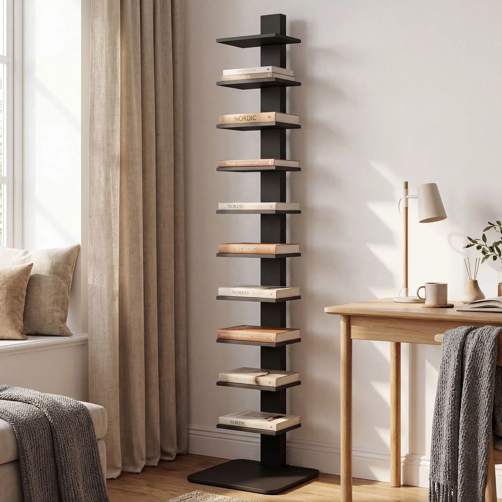 HOMCOM Bibliotecă Verticală înaltă cu 11 Rafturi, Bibliotecă Economisitoare de Spațiu Slim, Raft Industrial pentru Living, Dormitor, Birou, 34.5x41.5x163.5 cm, Negru | Aosom Romania