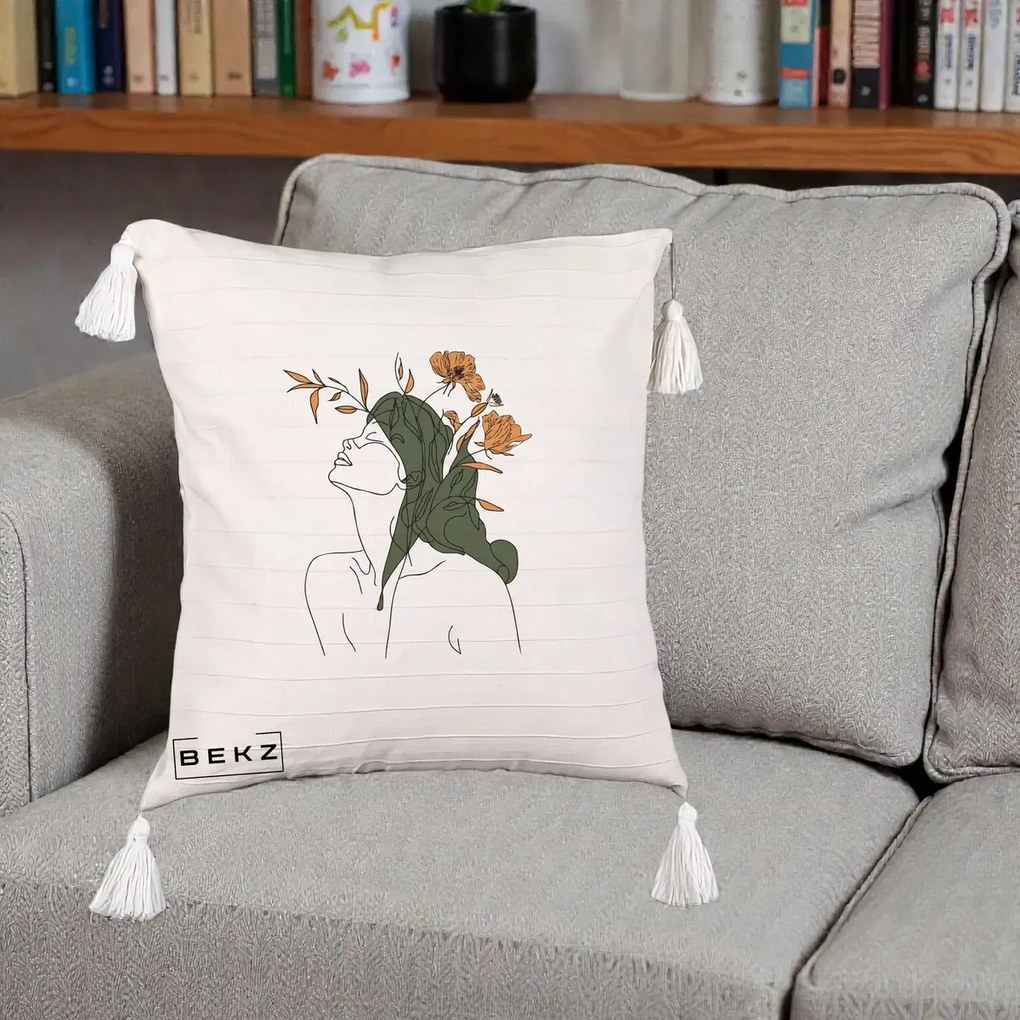 Perna Decorativa Portret Feminin Profil Flori Portocalii, 40x40 cm, Bej cu Franjuri, Husa Detasabila, Perna Inclusa, BEKZ®