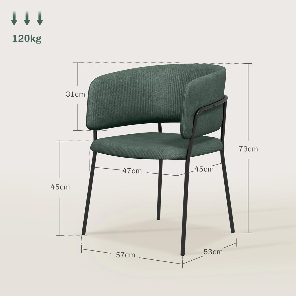 HOMCOM Set de Scaune, Scaune de Bucătărie Tapițate Moderne din Catifea cu Spate, Cotieră și Picioare Metalice, 57x53x73 cm, Verde