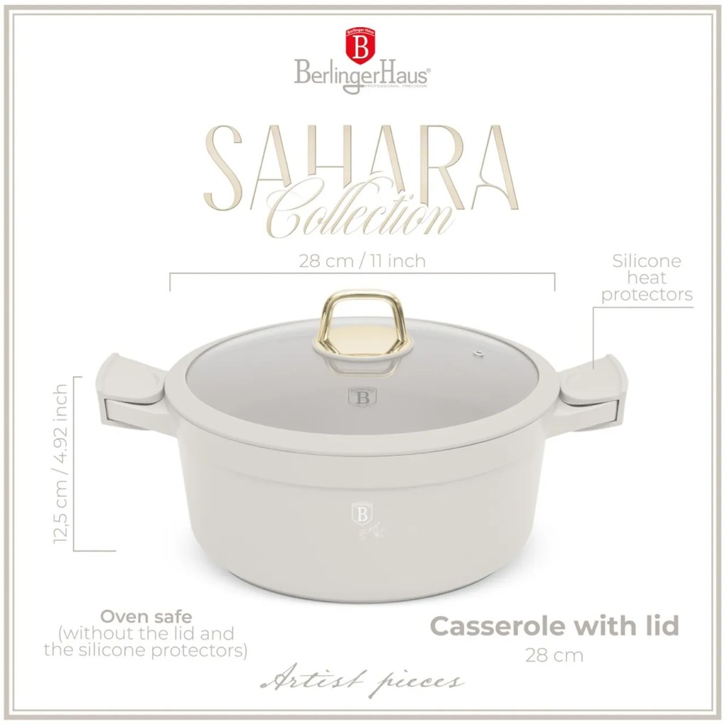Oală cu capac 28 cm, 6.6L – Berlinger Haus Sahara Collection BH 7788, crem, cu mânere silicon, gătit sănătos, compatibilă inducție