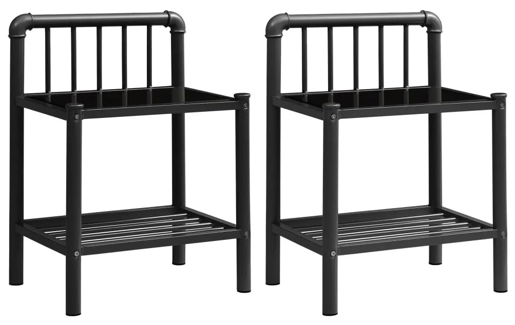 325100 vidaXL Noptiere, 2 buc., negru, metal și sticlă