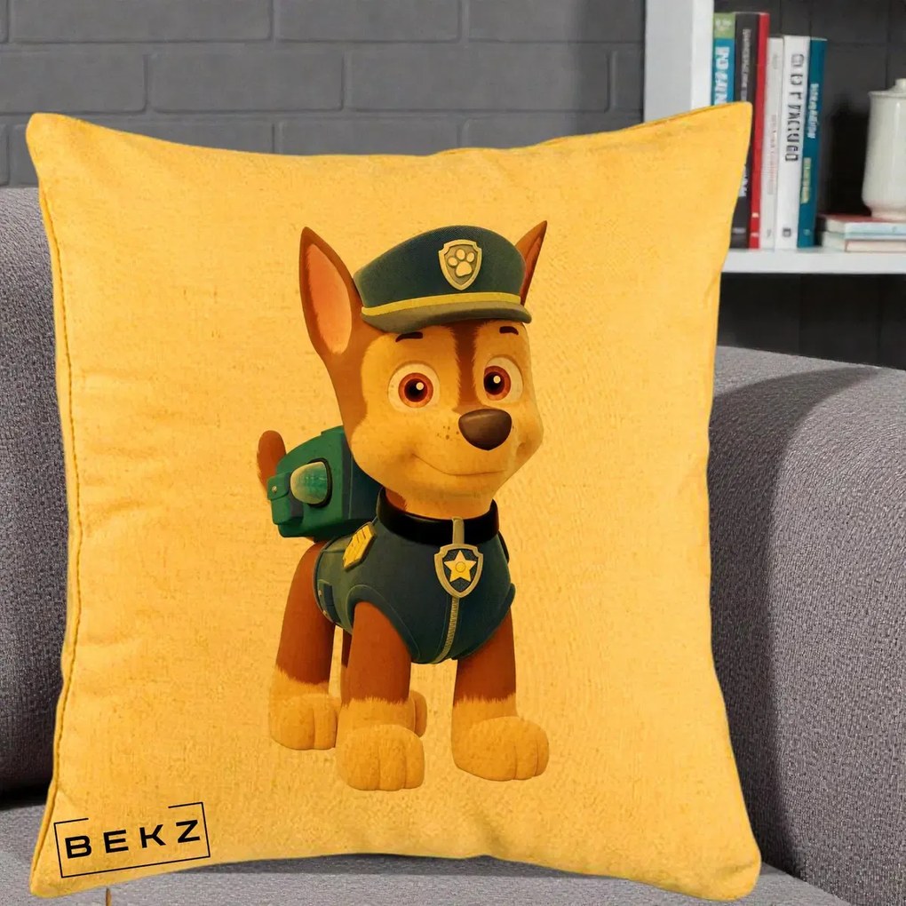 Perna Personalizata Chase PAW Patrol Albastru, 40x40 cm, Galben, Husa Detasabila, Perna Inclusa, BEKZ®