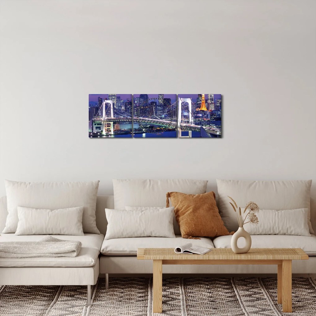 Tablou metropolei nocture (cu ceas) (90x30 cm)