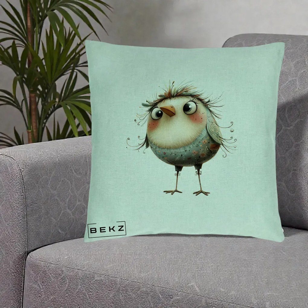 Perna Decorativa Pasare cu Penaj Zbarlit si Gene, 40x40 cm, Verde Menta, Husa Detasabila, Perna Inclusa, BEKZ®