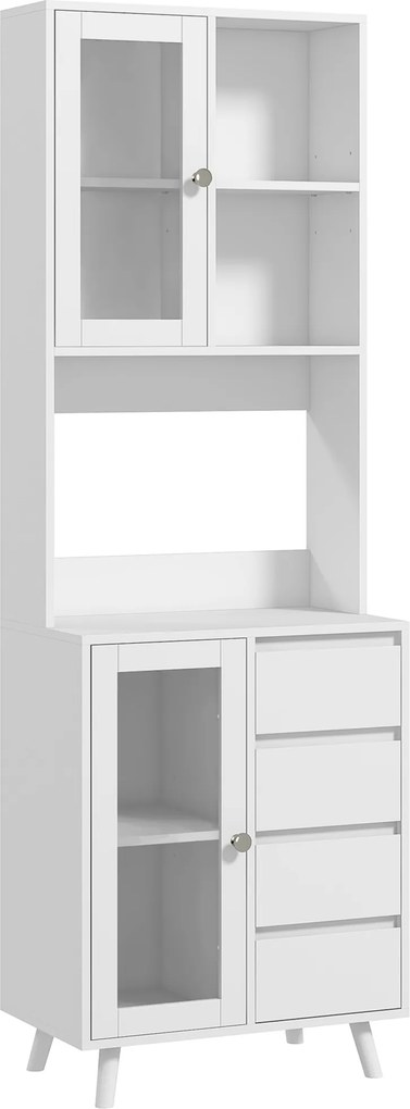 HOMCOM Servantă Înaltă de Bucătărie cu Uși din Sticlă, 2 Rafturi Deschise, 4 Sertare, Rafturi Reglabile, 60x35x180 cm, Alb | Aosom Romania
