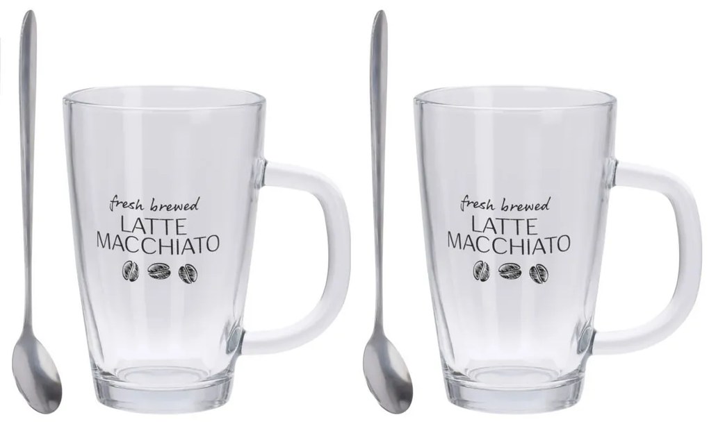 Set de cafea pentru 2 persoane, 2 pahare cu maner si 2 lingurite