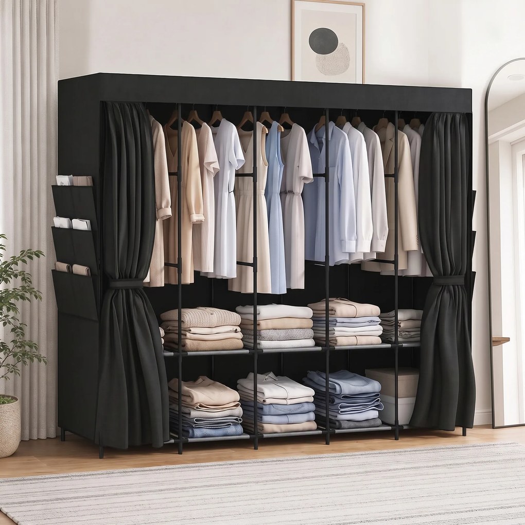 HOMCOM Dulap Textil Compact cu 5 Bare, 5 Rafturi, 6 Buzunare Laterale, Uși Anti-Praf cu Fermoar, Negru | Aosom Romania