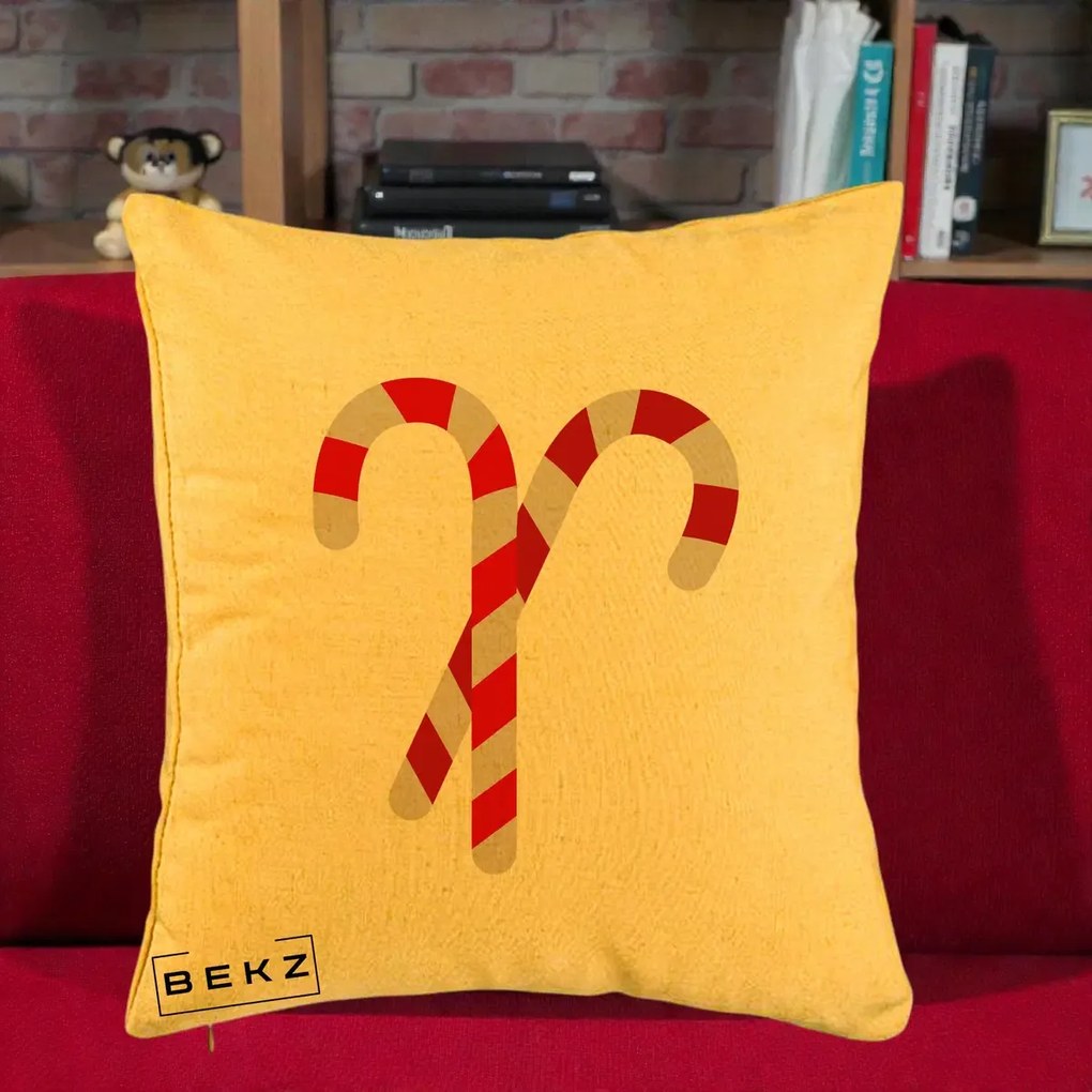 Perna Decorativa Candy Cane de Craciun, 40x40 cm, Galben, Husa Detasabila, Perna Inclusa, BEKZ®