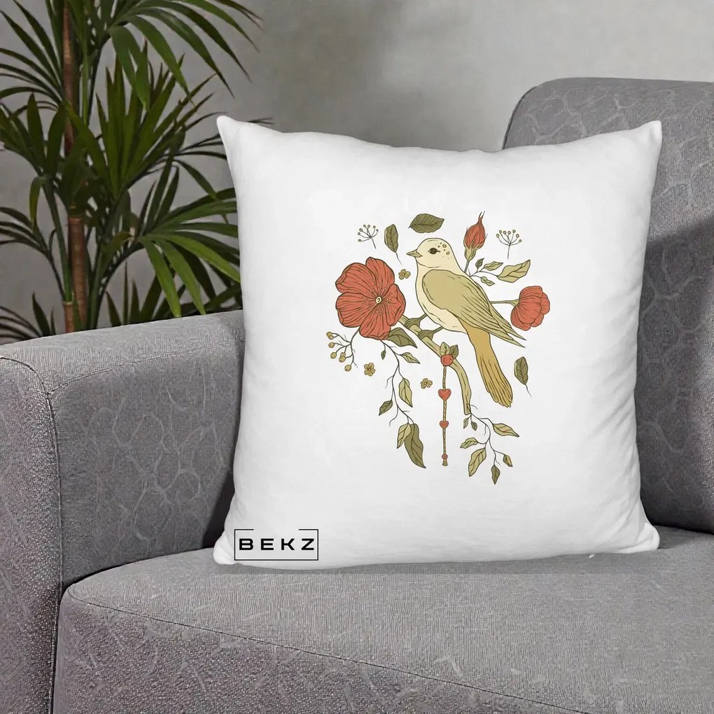 Perna Decorativa Pasare pe Ramura cu Maci, 40x40 cm, Alb Pufos, Husa Detasabila, Perna Inclusa, BEKZ®