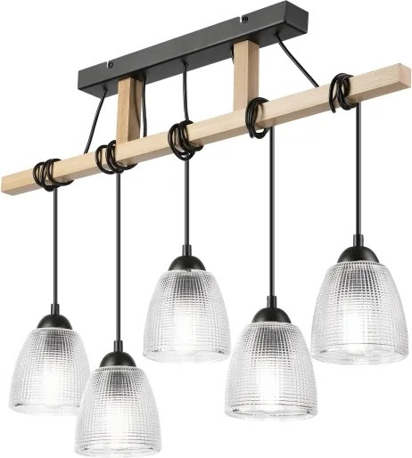Lustră suspendată pe cablu LEANDRA, 5x E27, 15W, 230V, stejar/negru