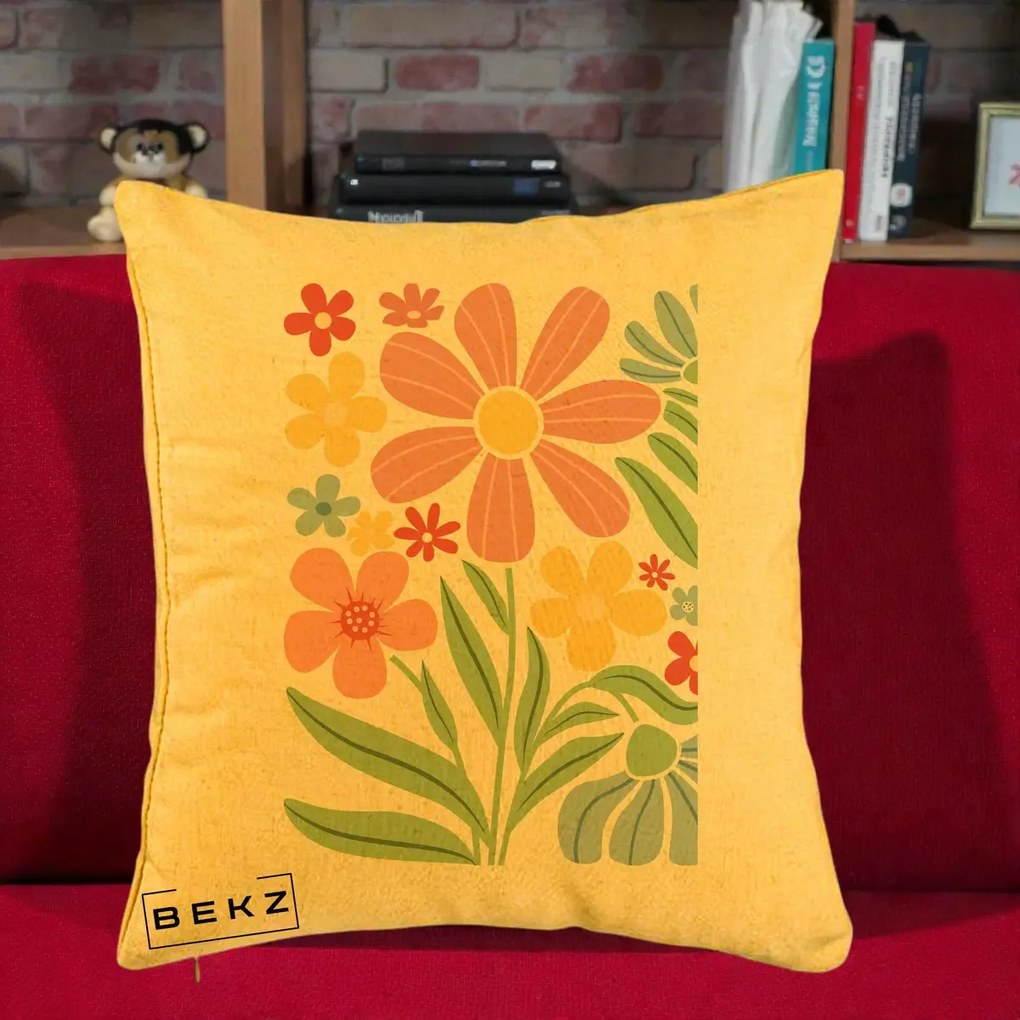 Perna Decorativa Flori Grafice Roz Pastel, 40x40 cm, Galben, Husa Detasabila, Perna Inclusa, BEKZ®
