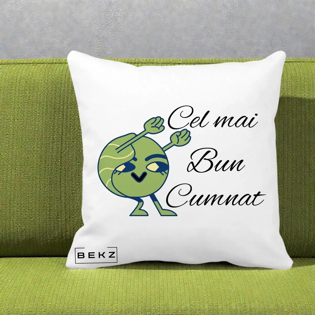 Cadou pentru Cumnat - Perna Personalizata Cel mai Bun Cumnat cu Personaj Funny Verde, 40x40 cm, Alba Mata, Husa Detasabila, Perna Inclusa, BEKZ®