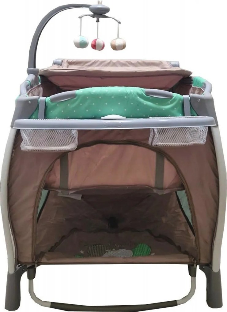 Patut Pliabil rotund cu balansoar, Tarc copii Baby Care™ PRO FRW, 2 Niveluri de inaltime, Cu melodii si Masa infasat, Carusel cu jucarii din plus,