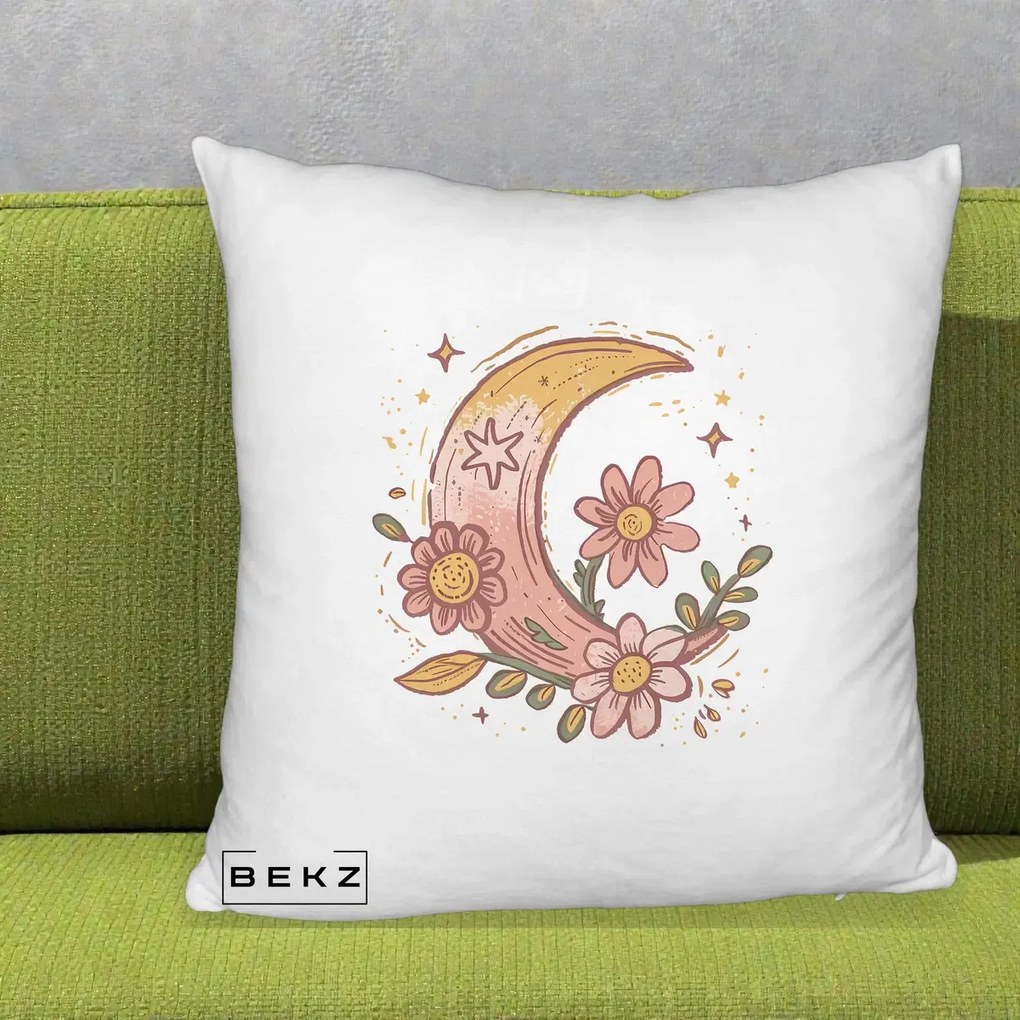 Perna Decorativa Luna Florala Boho, 40x40 cm, Alb Pufos, Husa Detasabila, Perna Inclusa, BEKZ®
