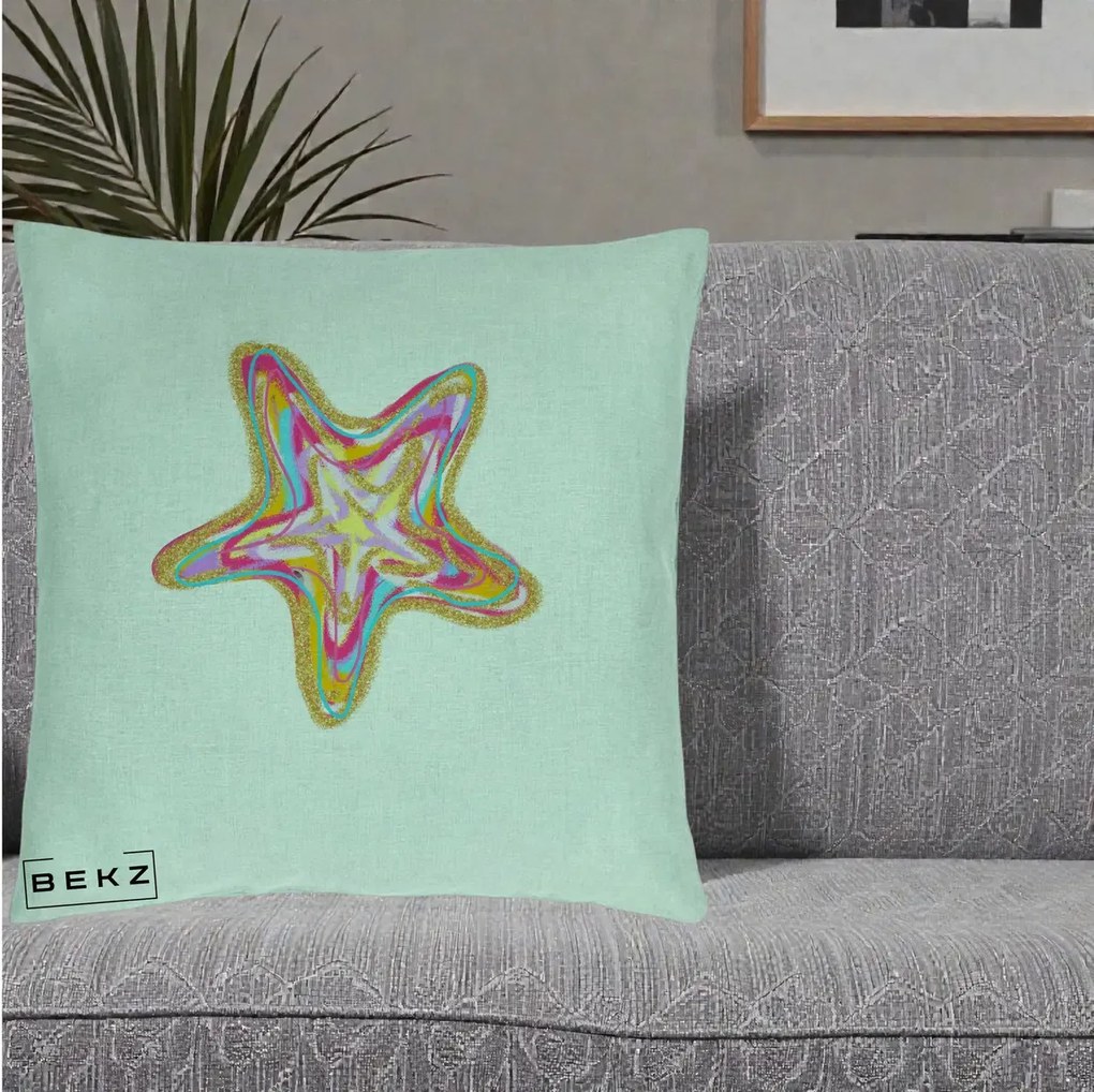 Perna Decorativa Stea de Mare Neon Curcubeu, 40x40 cm, Verde Menta, Husa Detasabila, Perna Inclusa, BEKZ®