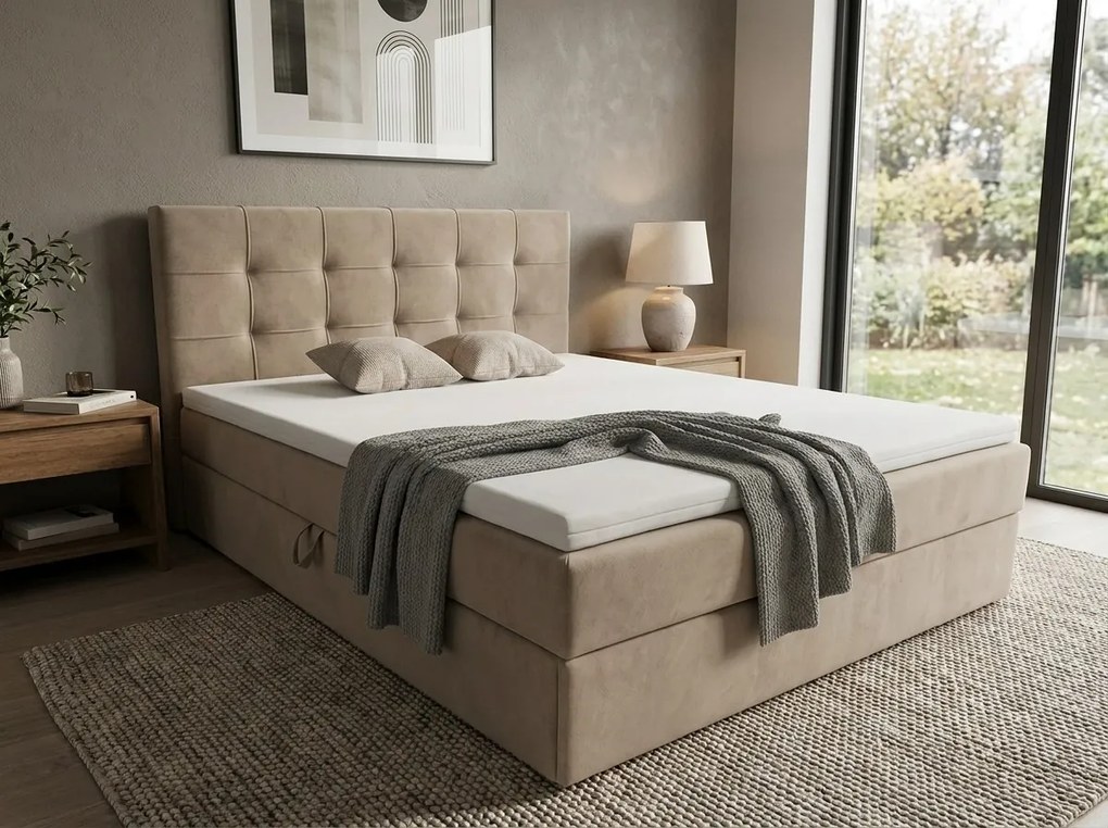 Pat tapițat tip boxspring DIRELIS TRINITY160x200 cm bej Saltea: Saltea cu arcuri Bonell