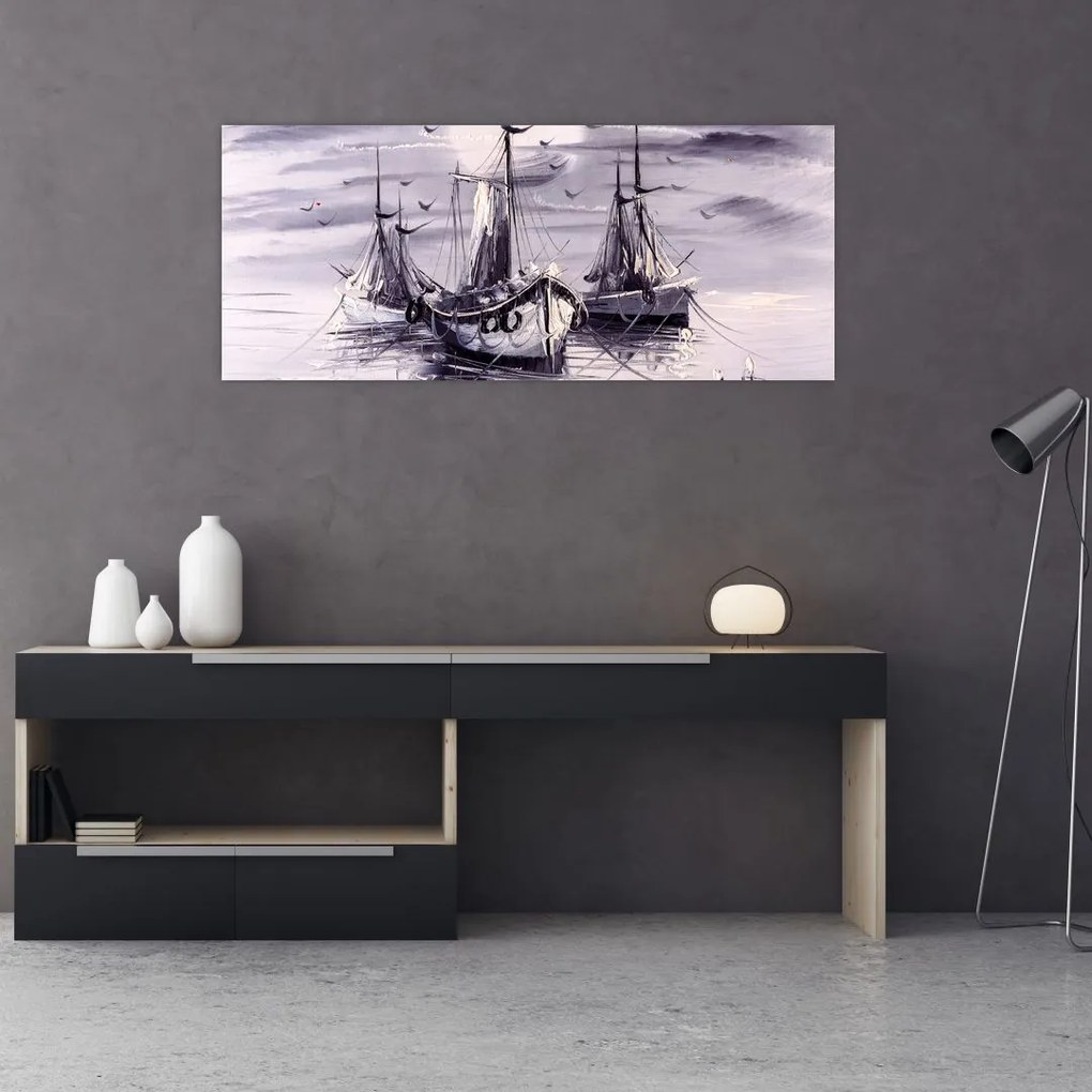 Tablou - Port marin, pictură în ulei (120x50 cm)