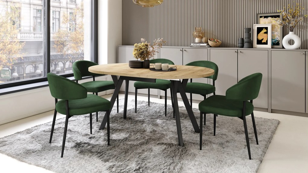 Mazzoni ALDO Stejar Craft Auriu/picioare negre - MASĂ ROTUNDĂ EXTENSIBILĂ CU PICIOARE ÎN FORMĂ DE "Y" STIL LOFT PENTRU SALON/SUFRAGERIE