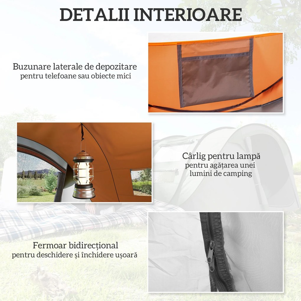 Outsunny Cort de Camping Pop Up pentru 2 Persoane cu 2 Uși, 4 Ferestre și Înveliș Impermeabil, 263.5x220x123 cm, Verde | Aosom Romania