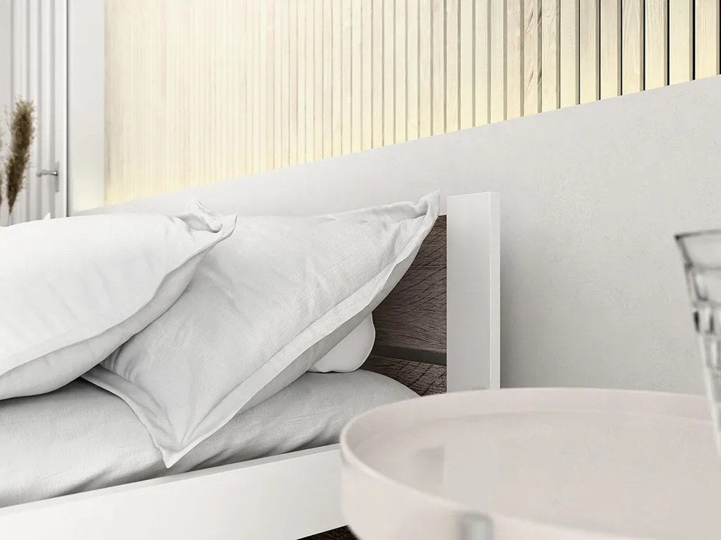 Pat dublu Culoare alb/stejar trufa, IKAROS DOUBLE 140 x 200 cm Saltele: Cu saltele Sommera 18 cm, Somiera pat: Cu lamele drepte
