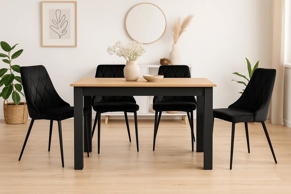 Set de sufragerie 1+4, masa neagra cu decor stejar auriu MADO 120x80cm si scaun de sufragerie din catifea neagra IMOLA
