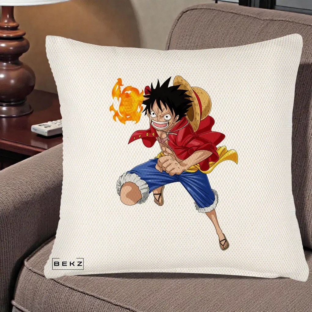 Perna Personalizata One Piece Luffy Gear Second Foc, 40x40 cm, Crem Reliefat, Husa Detasabila, Perna Inclusa, BEKZ®