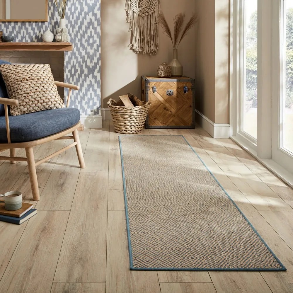 Covor tip traversă pentru scări albastru/în culoare naturală din iută 60x600 cm Diamond – Flair Rugs
