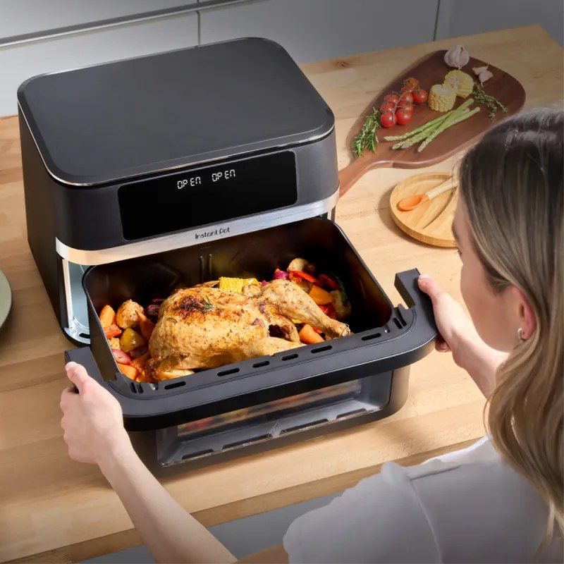 Friteuză dublă cu aer cald 8-în-1 Instant Pot Vortex VersaZone XL ClearCook 140-3025-01-EU, 2800 W, 12 l, 205 °C, EvenCrisp, Finalizare sincronizată a programelor, Comandă tactilă, Negru/Inox