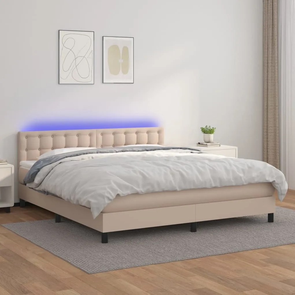 vidaXL Pat cu arcuri, cu saltea și LED, cappuccino 160x200cm piele eco