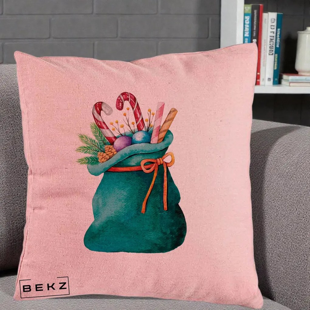 Perna Decorativa Saculet Cadouri Mos Craciun Acuarela Verde, 40x40 cm, Roz, Husa Detasabila, Perna Inclusa, BEKZ®