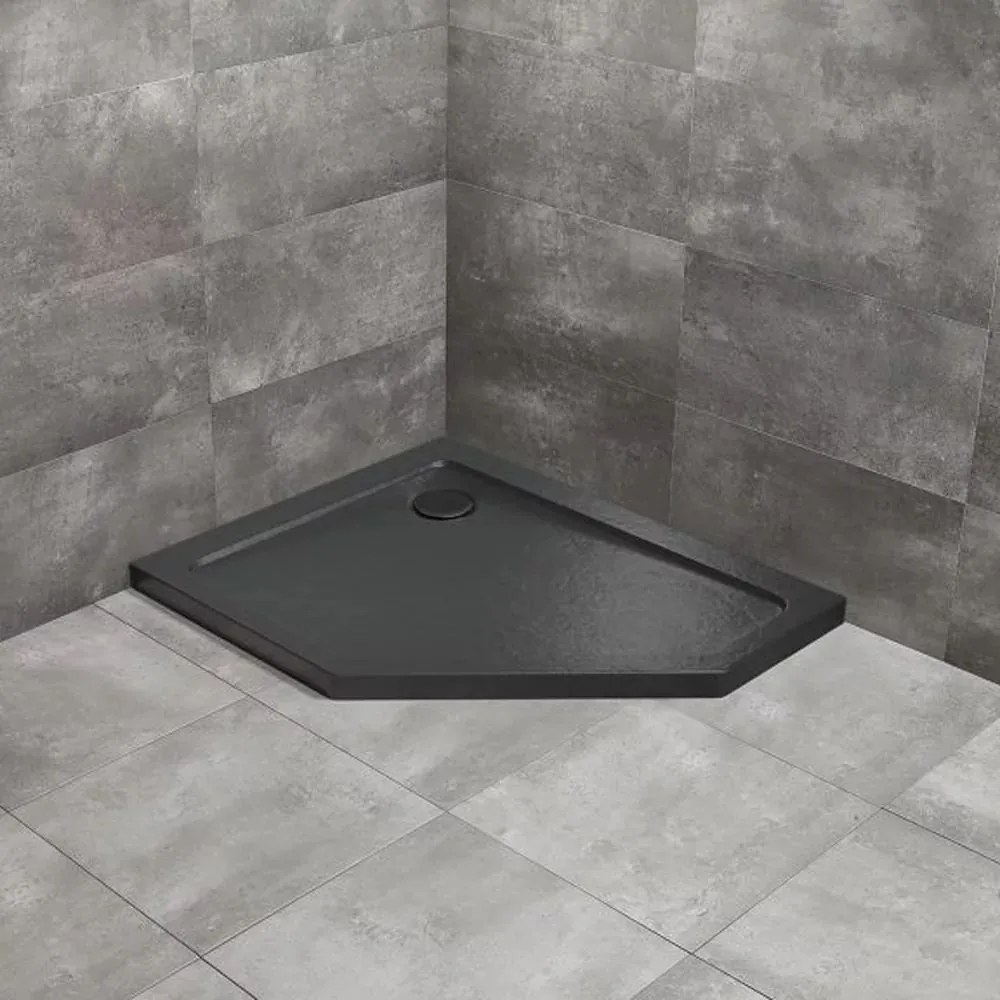 Cadita dus pentagonala Radaway Doros PT E Stone 100x90 cm acril negru stanga