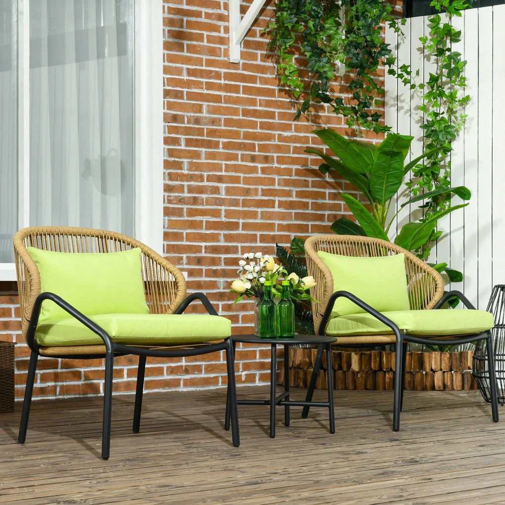 Outsunny Set de mobilier de terasă din ratan, 3 piese, cu perne pentru șezut și spate, ratan artificial, cadru metalic, Verde | Aosom Romania