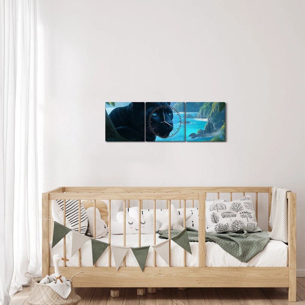 Tablou - Pantera neagră în junglă (cu ceas) (90x30 cm)
