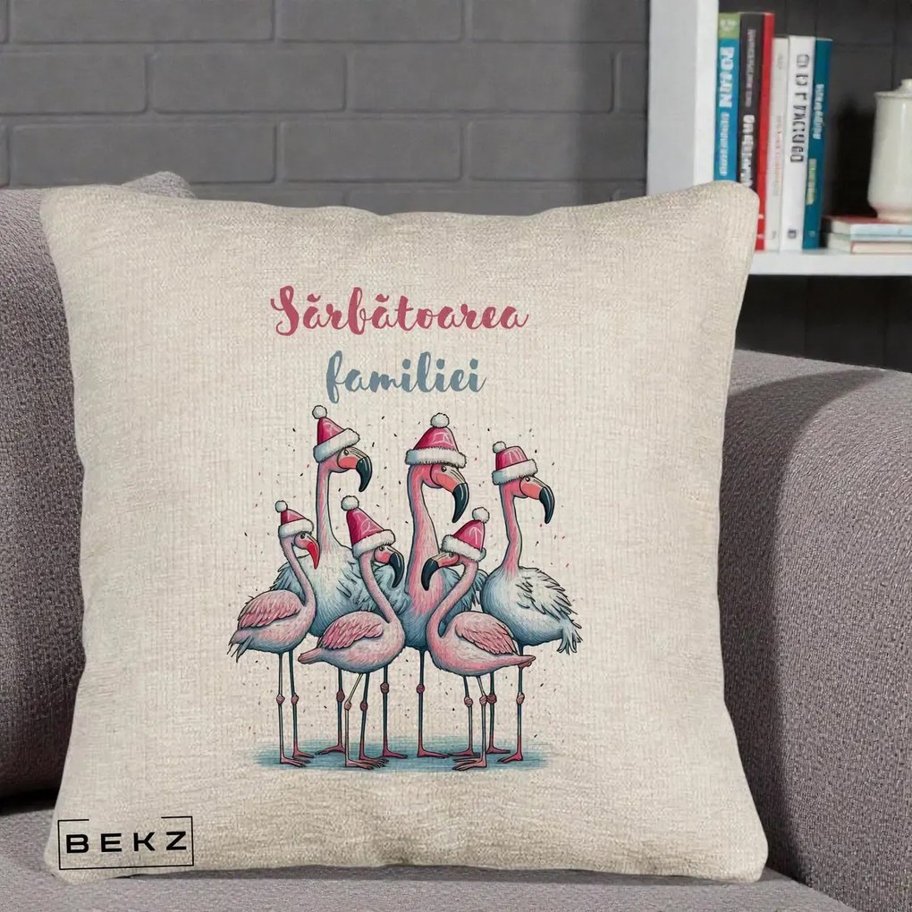 Perna Decorativa Flamingo Craciun Sarbatoarea Familiei, 40x40 cm, Bej Canapea, Husa Detasabila, Perna Inclusa, BEKZ®