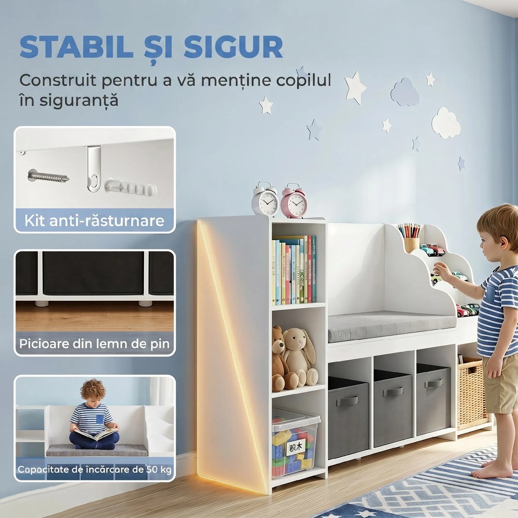 AIYAPLAY Raft Depozitare Jucării Copii 3-8 Ani cu Bibliotecă pe 3 Niveluri, 3 Sertare, 4 Compartimente, Pernă, Alb | Aosom Romania