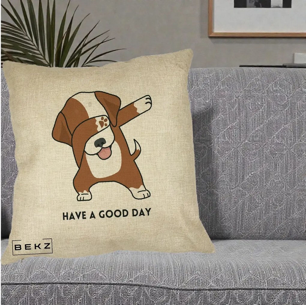 Perna Decorativa Caine Dab Have A Good Day, 40x40 cm, Crem, Husa Detasabila, Perna Inclusa, BEKZ®