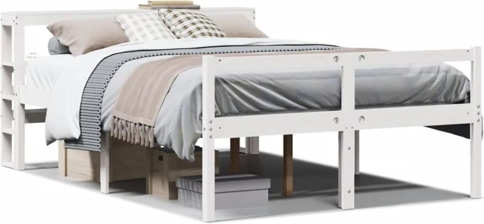 vidaXL Cadru de pat senior cu tăblie, alb, 150x200 cm, lemn masiv pin
