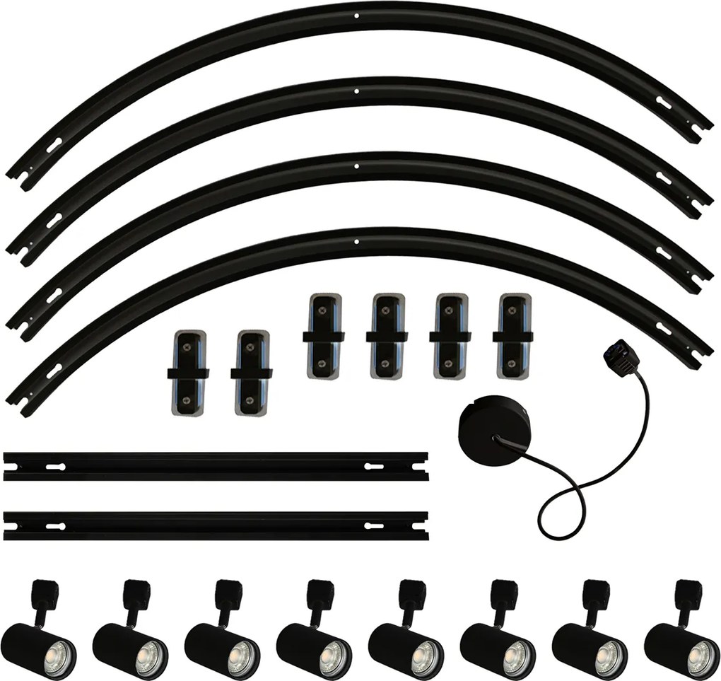 Sistem modern de iluminat pe șine cu 8 spoturi negre, monofazat, oval, 200 cm - Iconic Jeana