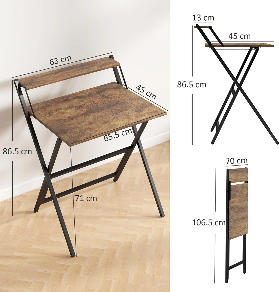HOMCOM Birou pliabil 65,5 x 45 cm cu etajeră de depozitare pentru cameră, spații mici, maro rustic | Aosom Romania