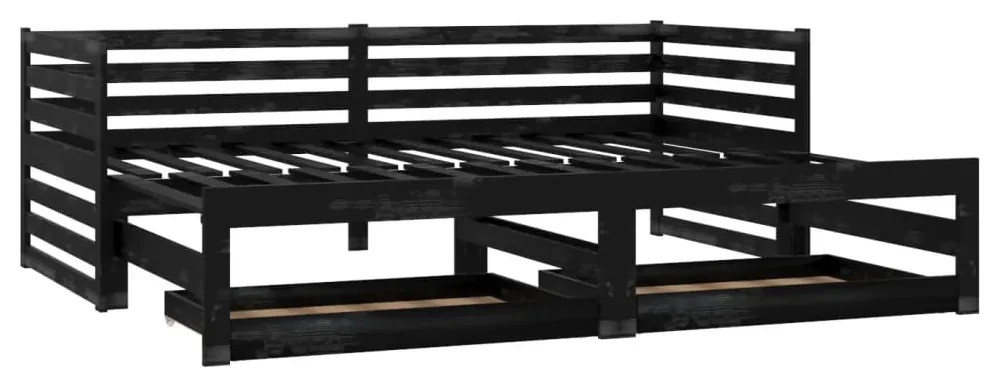 3083713 vidaXL Pat extensibil de zi, 2x(90x200) cm, negru, lemn masiv de pin