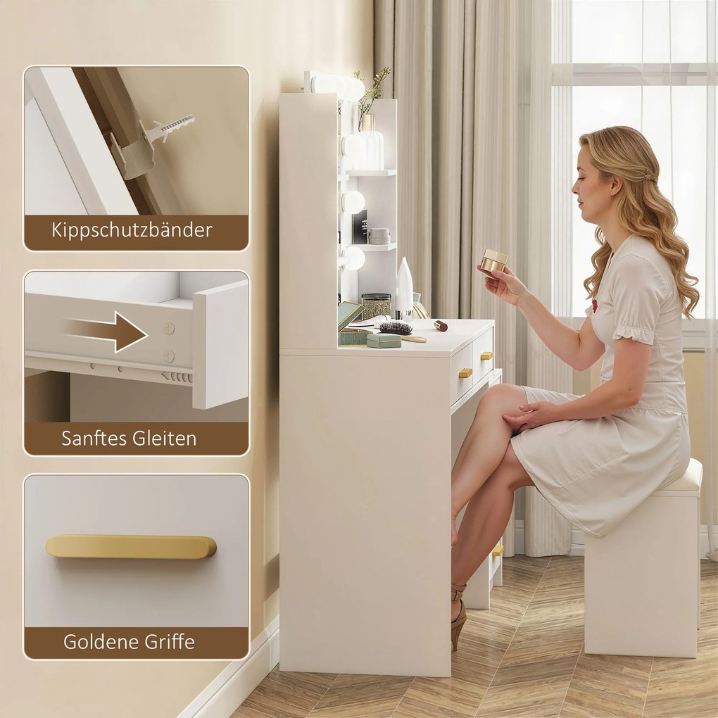 HOMCOM Masă de machiaj cu oglindă iluminată și taburet tapițat, set de machiaj cu 6 sertare și rafturi, Alb | Aosom Romania