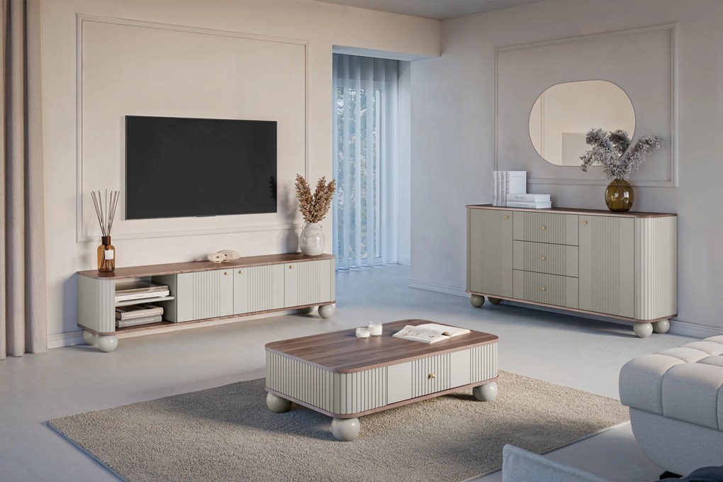 Comodă TV Vesper 3D 187 cm - cașmir / nuc / mânere aurii / picioare sferice