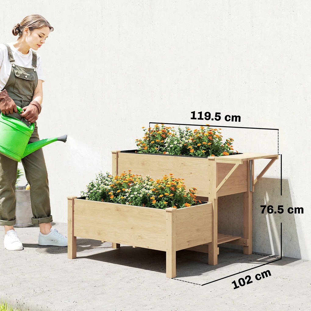 Outsunny Jardinieră Înălțată pe 2 Niveluri cu Rafturi Laterale și Inferior, Fabricată din Lemn de Brad cu Căptușeală și Orificii de Drenare, pentru Flori și Legume, 119,5x102x76,5cm, Maro Deschis | Aosom Romania