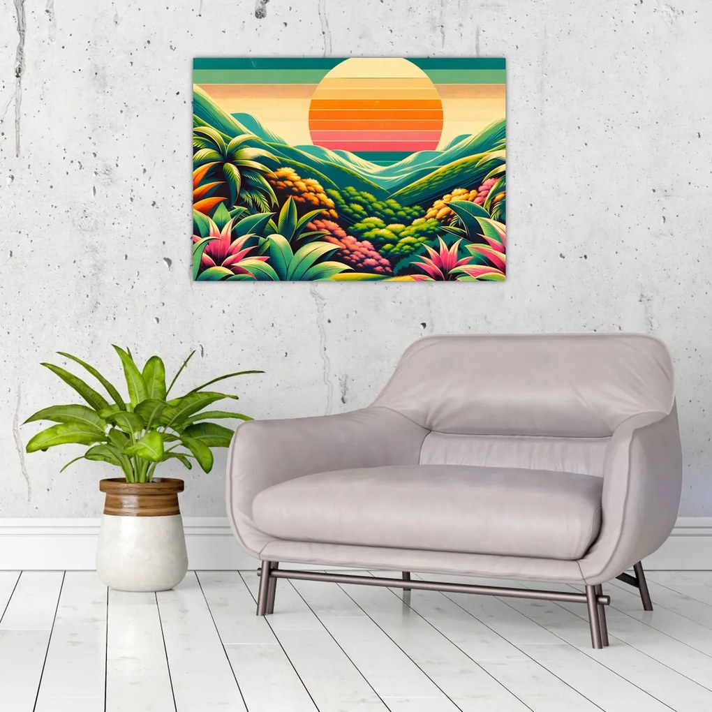 Tablou pe sticlă - Apus de soare multicolor (70x50 cm)