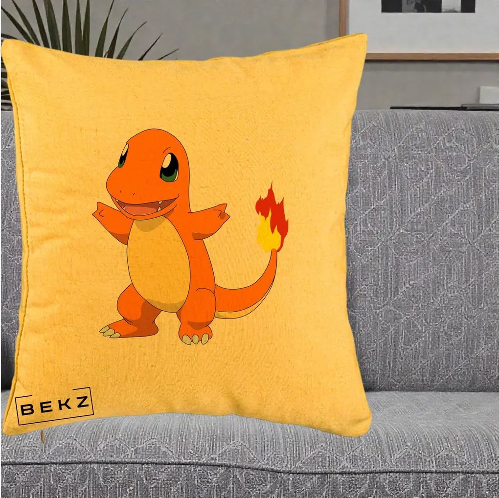 Perna Personalizata Charmander Pokemon, 40x40 cm, Galben, Husa Detasabila, Perna Inclusa, BEKZ®