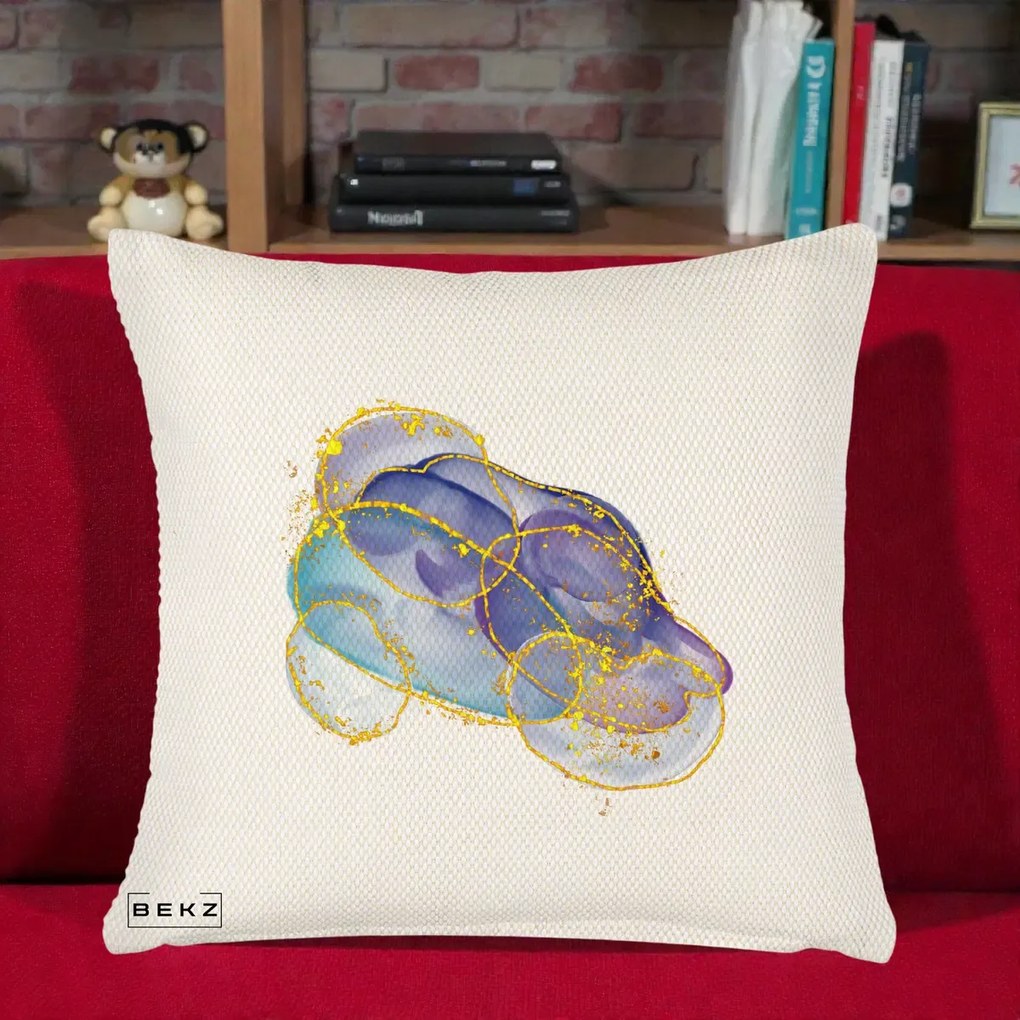 Perna Decorativa Abstract Acuarela Albastru-Mov cu Cercuri Aurii, 40x40 cm, Crem Reliefat, Husa Detasabila, Perna Inclusa, BEKZ®