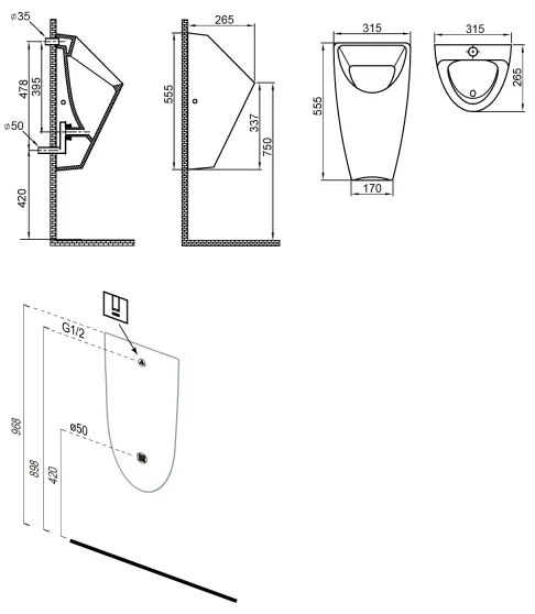 Bruckner - Pisoar SCHWARN alimentare pe spate, evacuare pe spate + sistem de spălare încorporat 6V DC alb