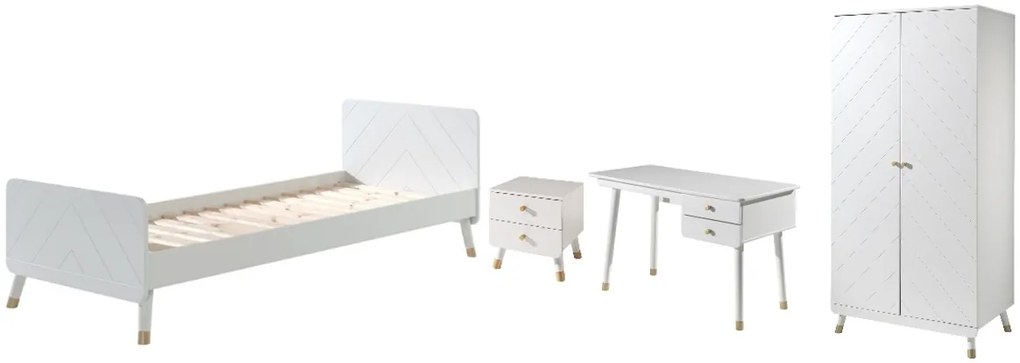 Set Dormitor pentru Copii, 4 Piese, 90x200 cm, Alb Satinat (Pin Masiv și MDF) – Billy – Vipack